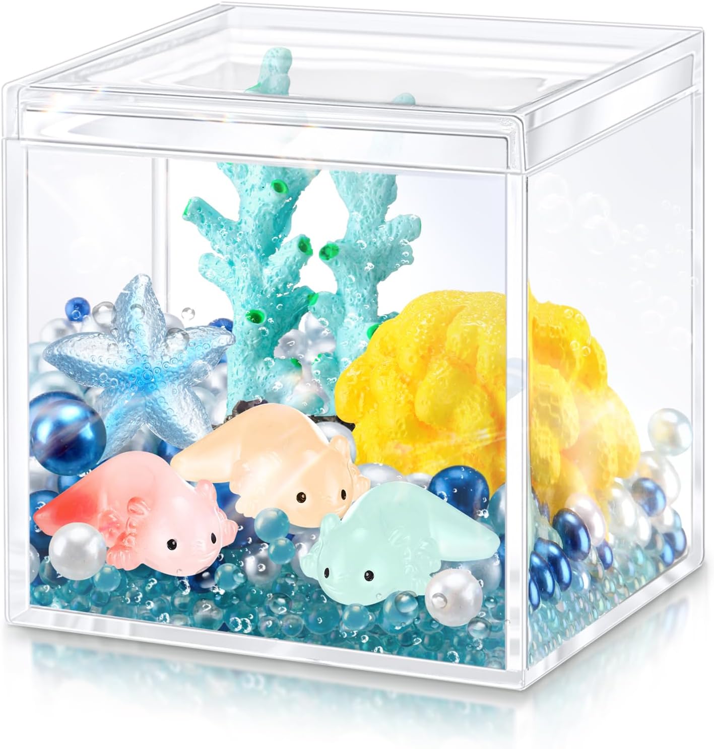 Axolotl DIY Tank Axolotl Craft with 3 Pcs Mini Axolotl Figures Axolotl Beads Axolotl Gift Set Axolotl Charms 3.2″ Acrylic Tank (Azure,Vibrant)