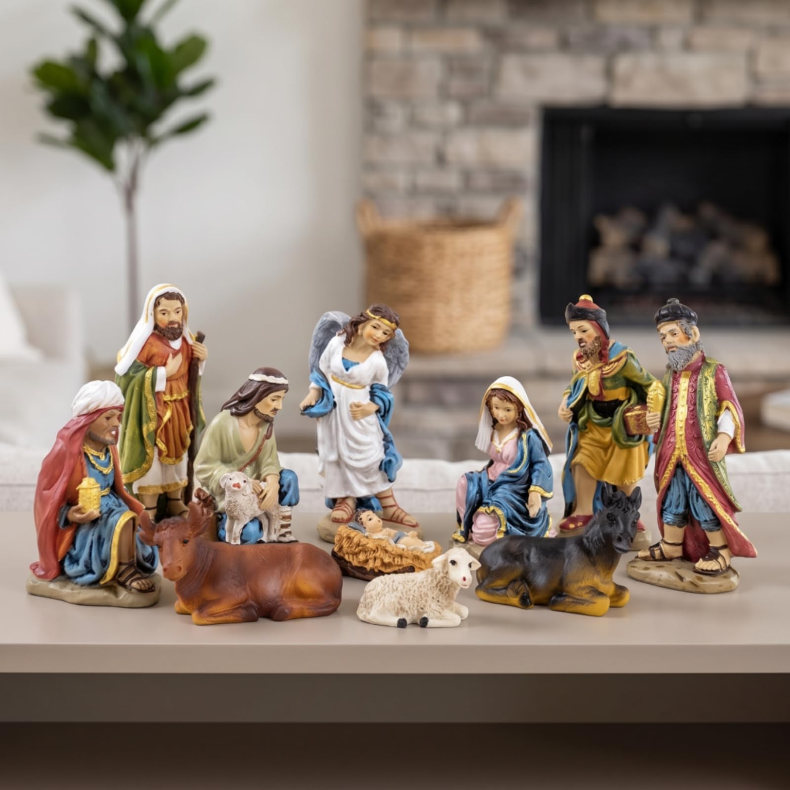 1s Crèche de Figurines Résine Scène Nativité Personnages Animaux Décor Aspect Sculptées Mise en Scène Stable Adapté aux Fêtes d'Année Cheminée Table Salon, Bronze