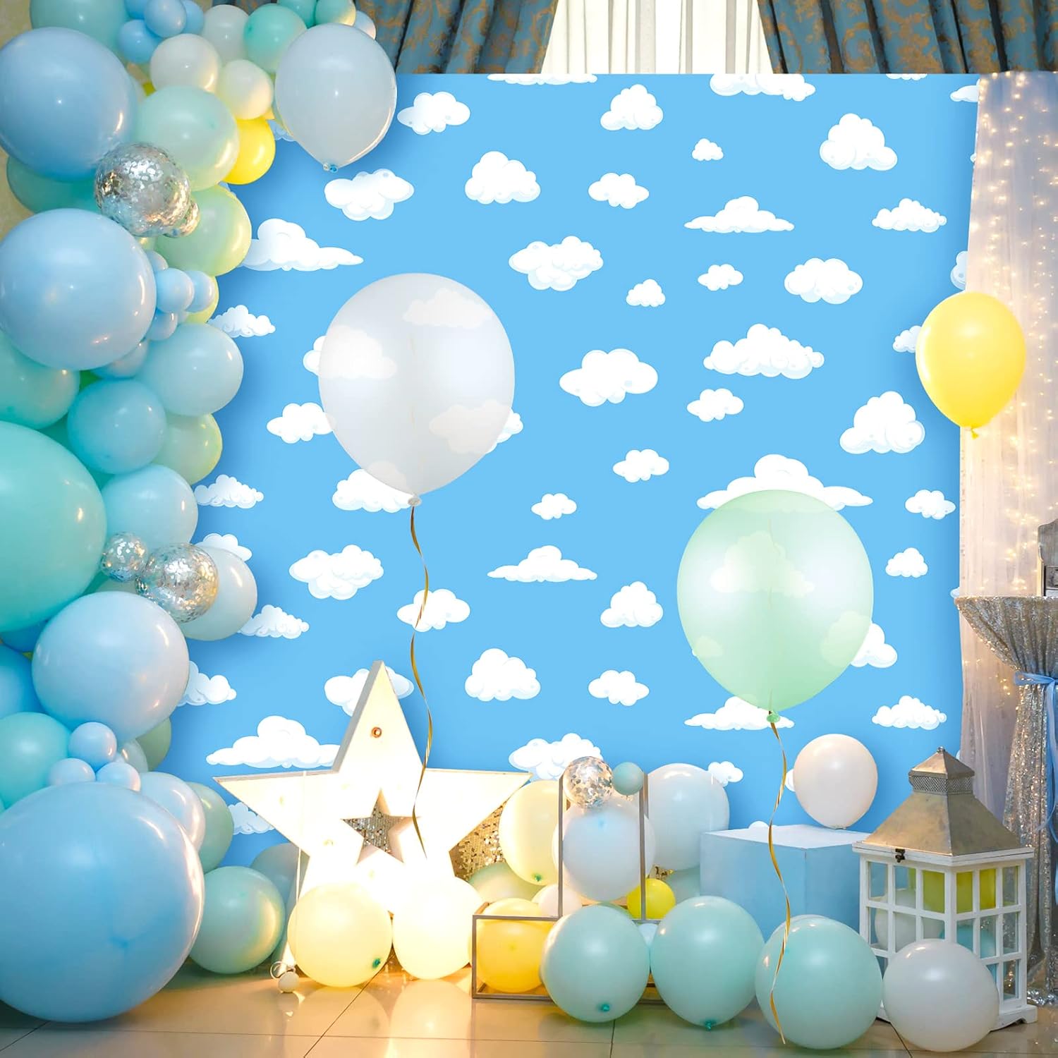 Mepase 100 ft x 54 Inches Blue Sky White Clouds Party Tablecloth Cartoon Story Birthday Supplies Tablecloth Roll Blue Sky White Clouds Backdrops for Baby Kids Shower Birthday Party Decorations