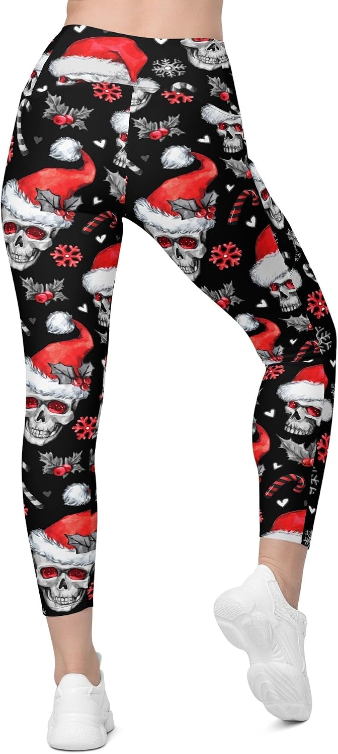 FIERCEPULSE Christmas Skulls Leggings with Pockets – High-Waisted Holiday Skull Print Leggings for Women