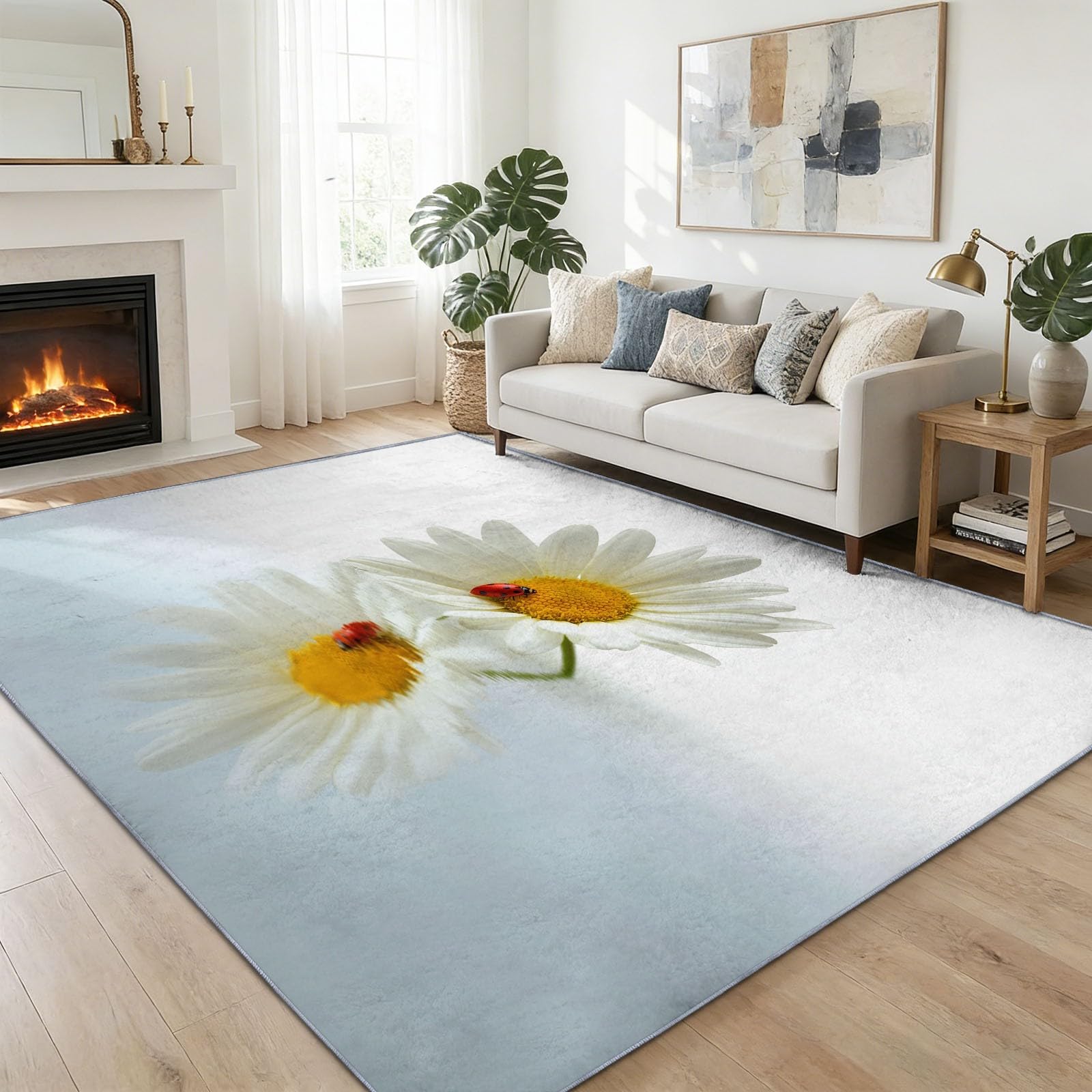 Alfombra de pelo corto lavable 180 x 240 cm Planta Margaritas Escarabajos Alfombra Salón, Fotografía suave antideslizante Moqueta para entrada interior dormitorio cocina habitación infantil
