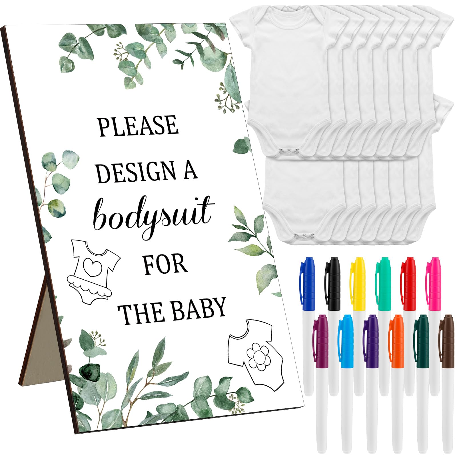 Panitay 28 Pcs DIY Baby Bodysuits Game Set 15 White Blank Baby Bodysuit Multi Size Wooden Baby Shower Game Sign with 12 Fabric Markers for Boy Girl Gender Reveal Gift