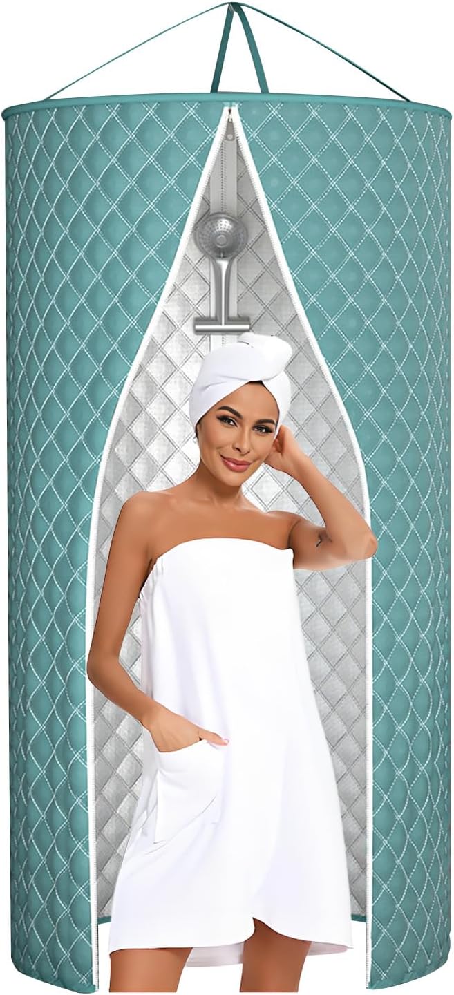 Portable Folding Shower Curtain, 100x200cm, Waterproof Polyester with Aluminum Peptide Silver Coating, Easy Installation, Space-Saving for Small Bathrooms & Travel (Blue)