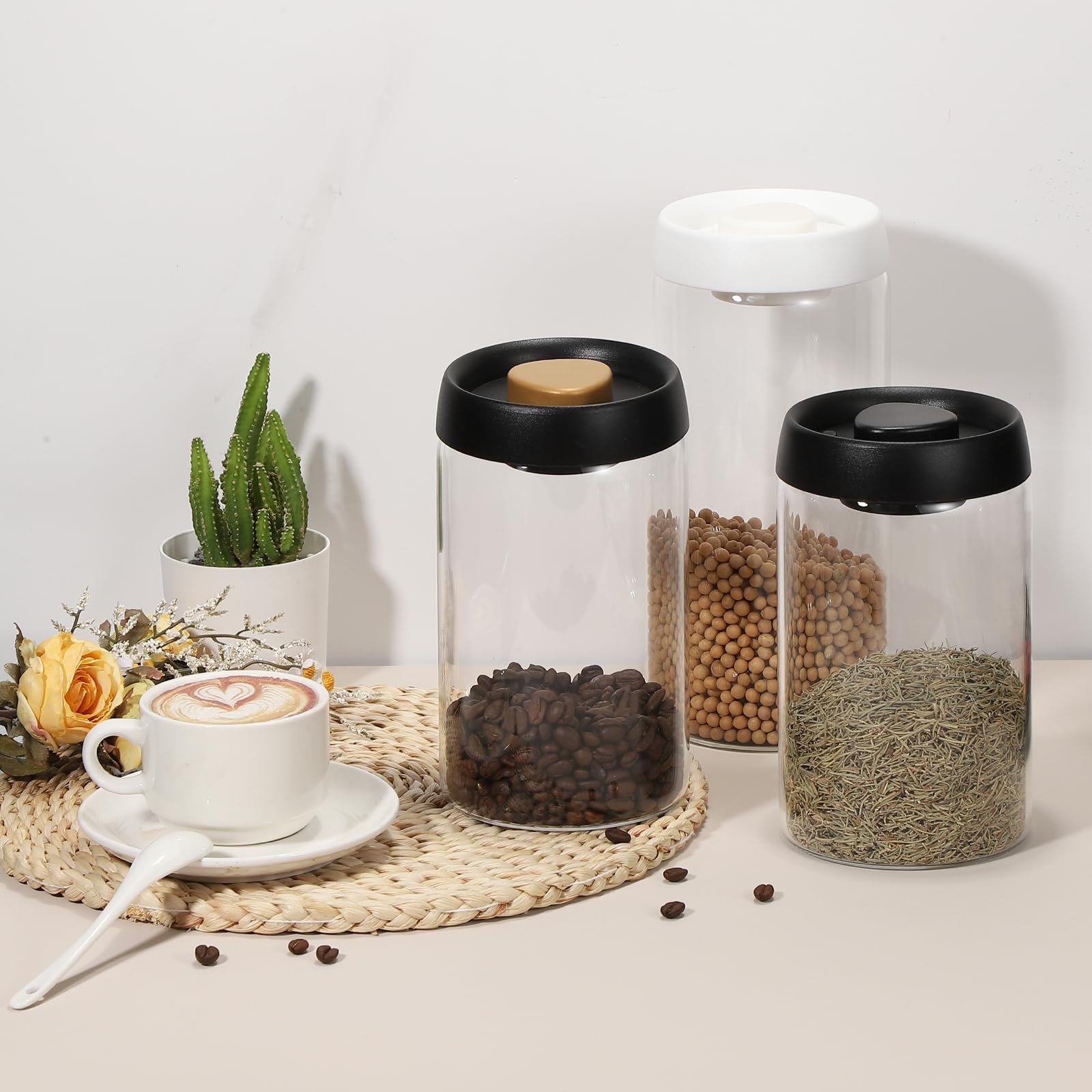 sourcing map Kaffee-Vakuumbehälter, 1200 ml, Glas-Kaffeebohnen-Aufbewahrungsbehälter mit Deckel, für Gewürze, Kekse, losen Tee, Schwarz, 2 Stück