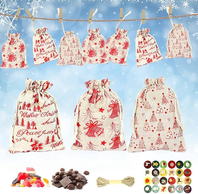 LYTIVAGEN 24 PCS Advent Calendar Cloth Bags DIY Advent Calendars Advent Digital Stickers Advent Calendar Bags Reusable Advent Bags with Drawstring Small Gift Burlap Bags for Christmas DIY Craft