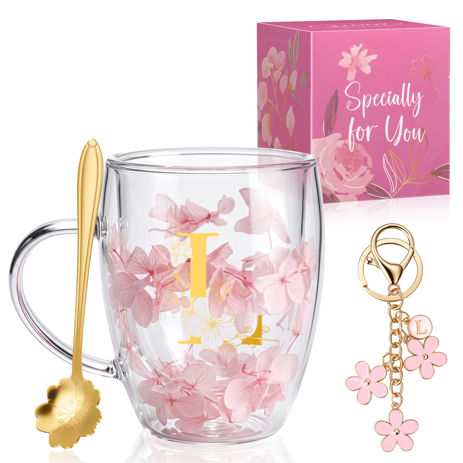 AOOTE Dried Flowers Double Wall Glass, 350ML Dried Flowers Tea Cups with Handle and Spoon, Flower Keychain, Gifts for Women Glass Coffee Mug for Christmas Valentines Day Mothers Day