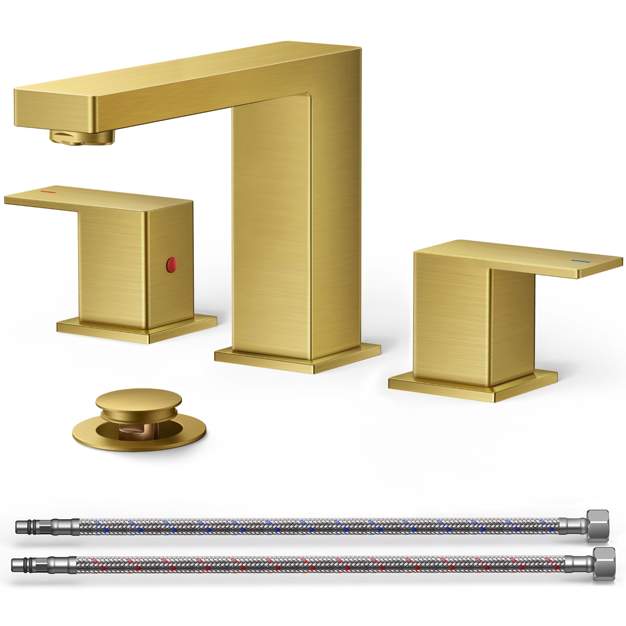 FORIOUS Square Gold Bathroom Faucet Widespread 8 Inch, 2 Handle Brushed Gold Bathroom Sink Faucet 3 Hole with Metal Drain, 24" CUPC Supply Lines and Spare Aerator, Vanity Sink Remodel