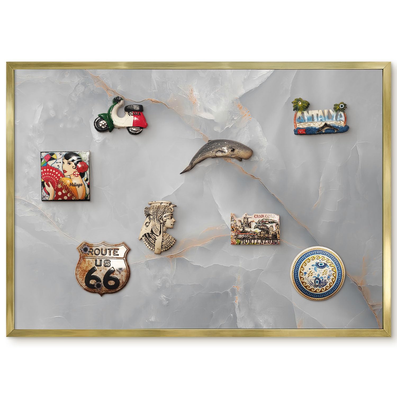 Magnetic Travel Souvenir Board 70x50 Gray Veins Gold Border