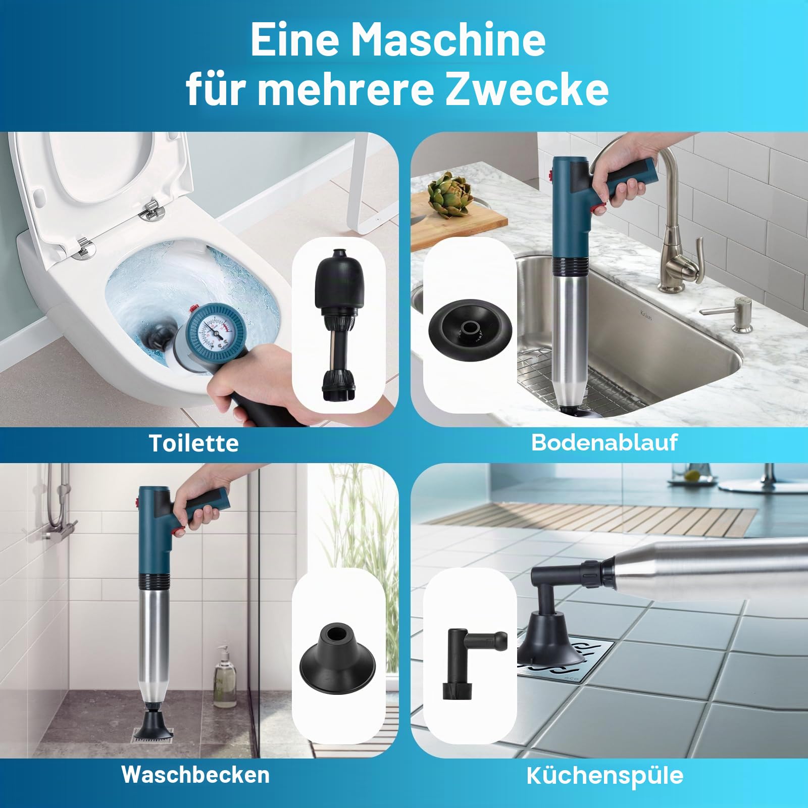 Elektrischer Toiletten Pumpe, Rohrreiniger Druckluft mit Luftdruckanzeige, Elektrischer Abflussreiniger Set für Waschbecken, Bodenablauf, Badezimmer, Toiletten, Dusche