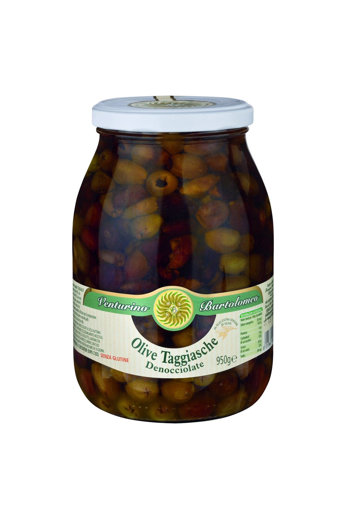 Frantoio Venturino Taggiasca Mélange d'olives 950 g – Olives vertes et noires sans pépins d'Italie, douces et aromatiques, marinées dans de l'huile d'olive avec des herbes