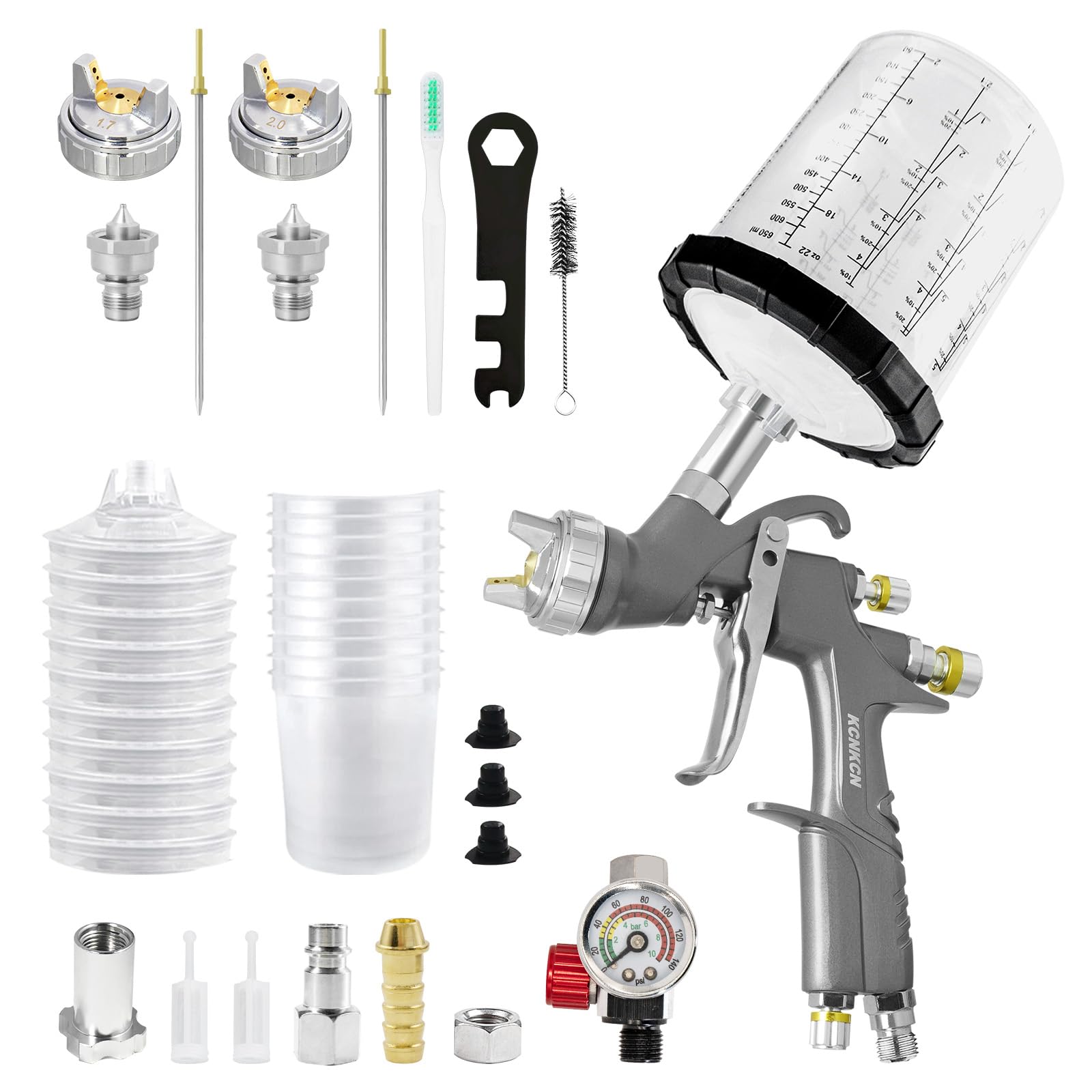 D1 LVLP Luftspritzpistole, Premium-Set, mit 650 ml Mischbecher und 10 Einwegbechern, 1,3/1,7/2,0 mm Düsen, Lackierpistole, Automobil-Lackierpistole für Hauslackierung, Auto, Möbel, Zaun