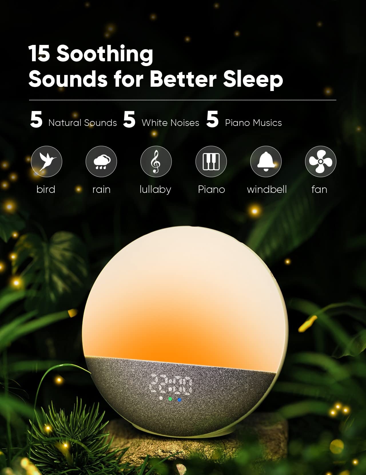 Wake Up Light Sunrise Alarm Clock with Sound Machine for Adults, Heavy Sleepers, APP Control Smart Clock Radio with Bluetooth Speaker, Night Light, Bedroom Lamp,15 White Noise Sound,Ideal Gifts