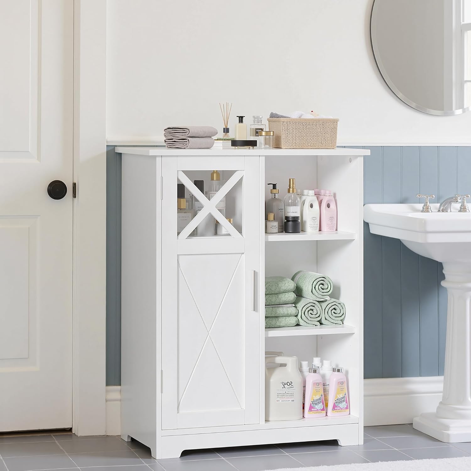 (USED AND TAKEN APART )VECELO Bathroom Floor Storage Cabinet with 2 Adjustable Shelves, Freestanding Cabinet with 1 Door & 3 Open Compartments for Bathroom, White