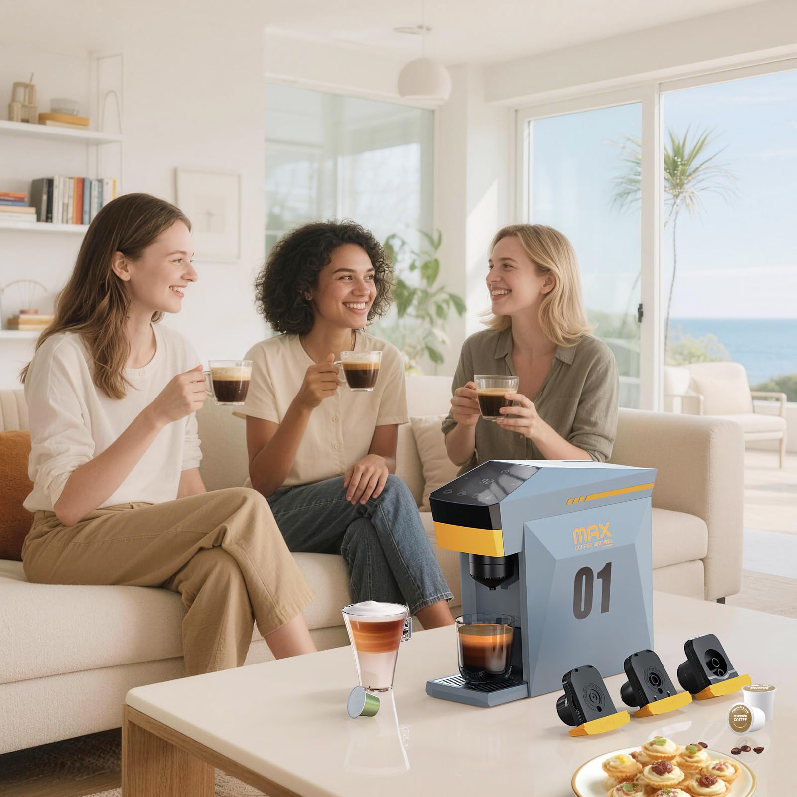Cafetière 4 en 1, machine à café espresso 19 bars pour capsules KCup/Nespresso OriginalLine/Dolce Gusto/Café moulu, gris nuageux