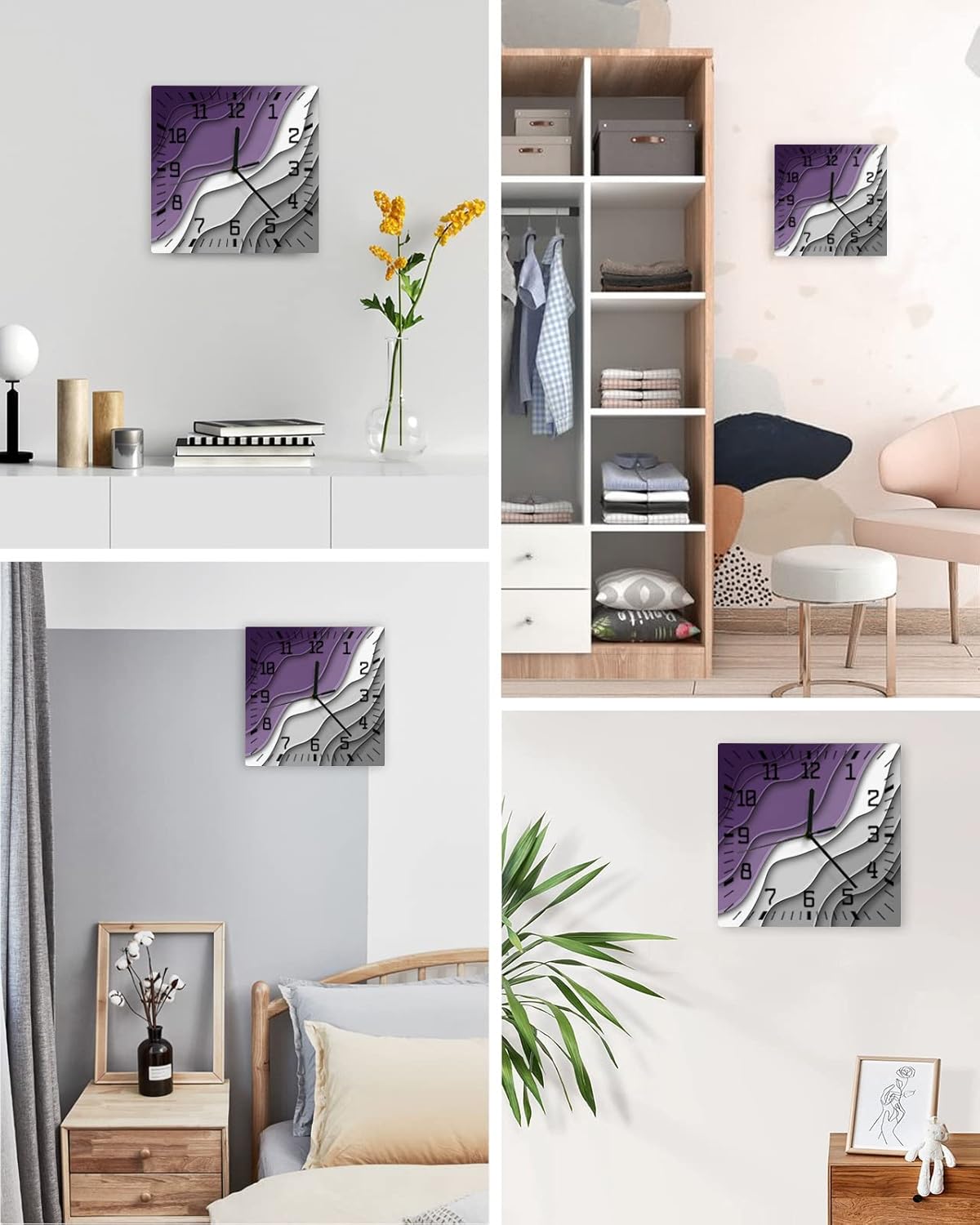 Wall Clock Purple Grey Modern Geometric Battery Operated Clocks Wooden Silent Non-Ticking Wallclock 12 Inch Abstract Beach Wood Square Wall Clock for Living Room Bedroom Kitchen Office Shool Decor