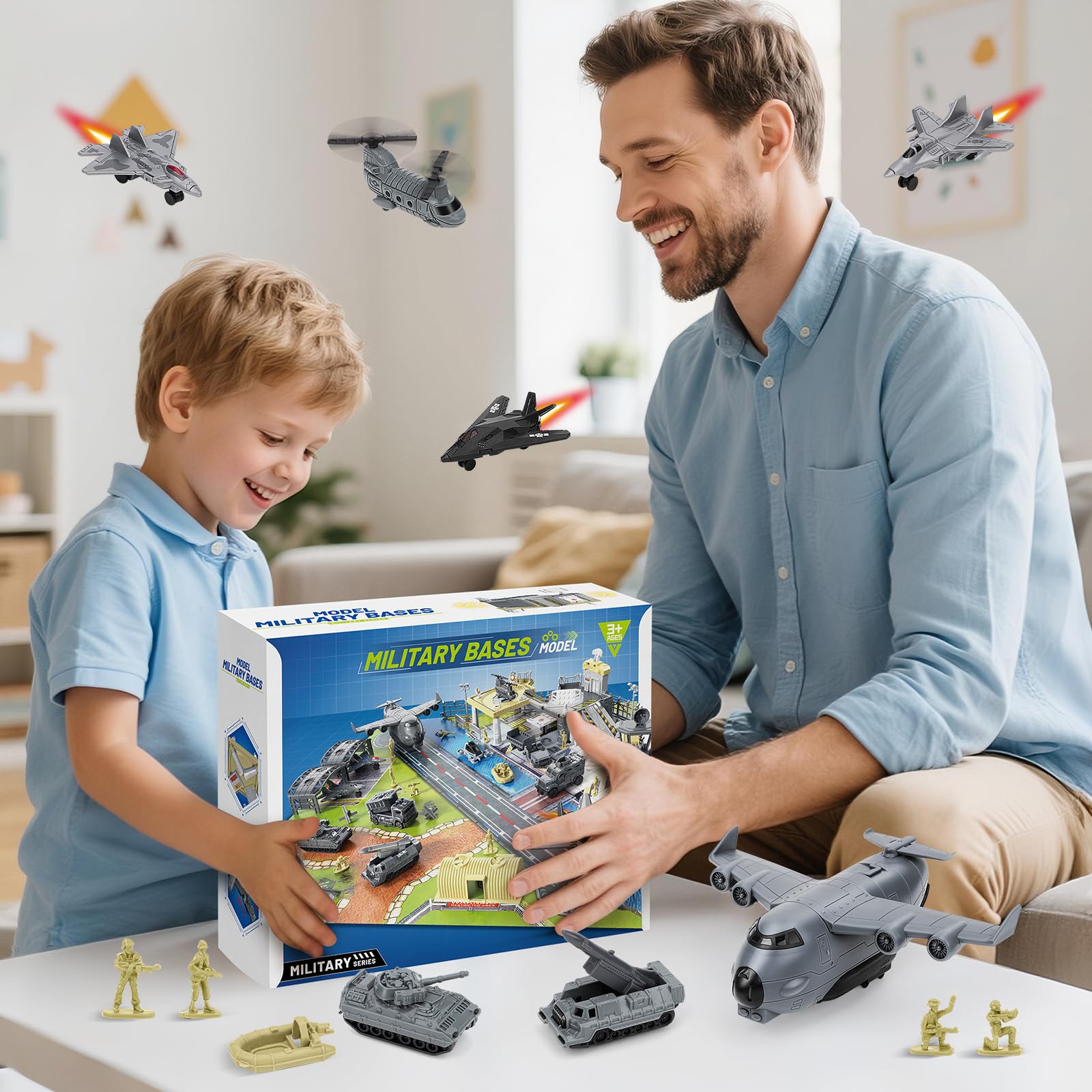 deAO Set di Giocattoli Militari, con Veicolo Militare, Accessori per Armi, Parcheggio, Aereo, Accessori per Veicoli e Mappa di Gioco, Fantastico Giocattolo Militare per Bambini di 3, 4 e 5 Anni