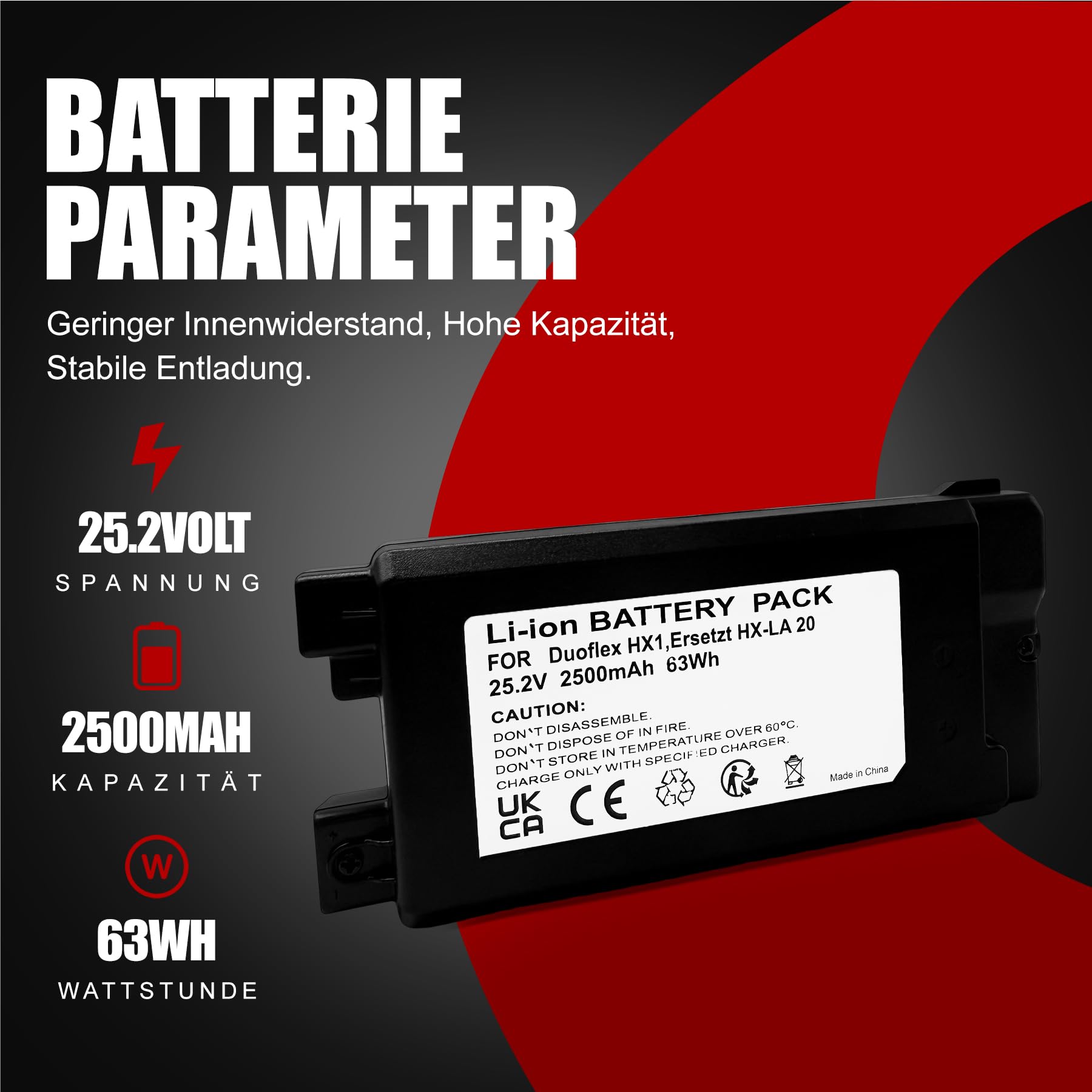 Batterie de rechange compatible avec aspirateur Miele Duoflex HX1 Basic, 25,2 V, 2500 mAh, 63 Wh, batterie lithium-ion de rechange pour modèle HX-LA 20 (pas pour HX-LA 21)