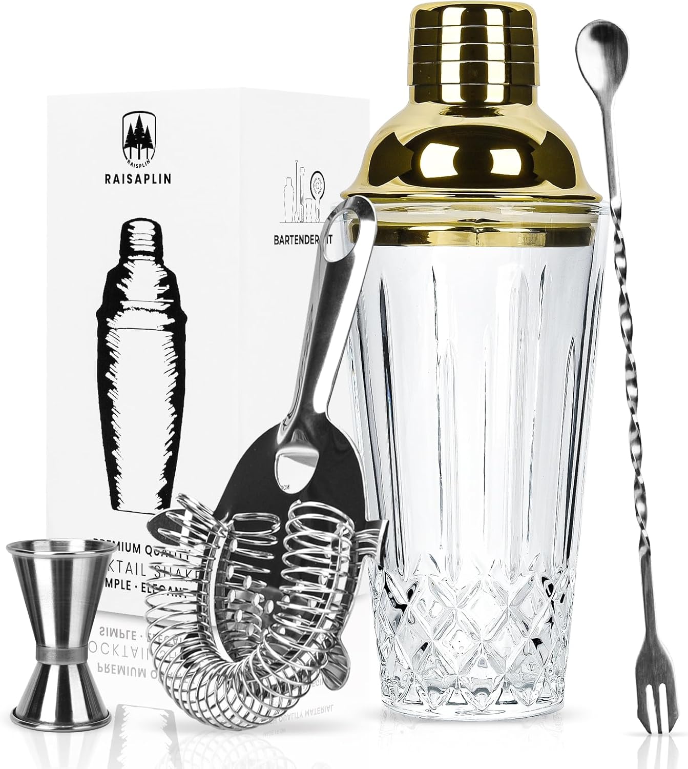 4-Piece Glass Cocktail Shaker Set - Mini Home Bar Bartender Set, Including a Glass Shaker, Extra Long Muddler, 11" Spoon, and Double Jigger - Gold