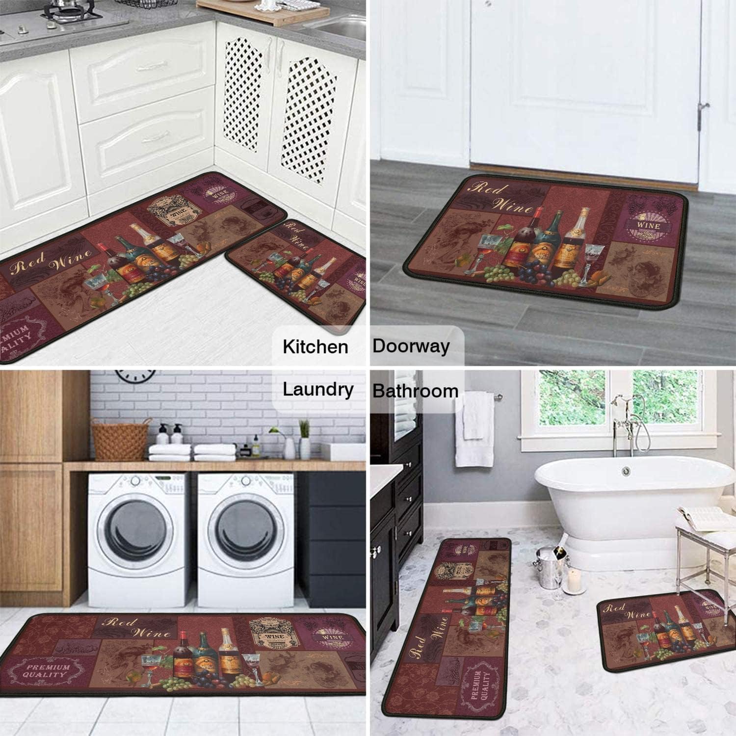 2 Piece Red Wine Kitchen Rug Set, Wine Glasses Kitchen Rugs and Mats Non Skid Washable Absorbent Microfiber Kitchen Floor Decor Mat 17"x47"+17"x30"