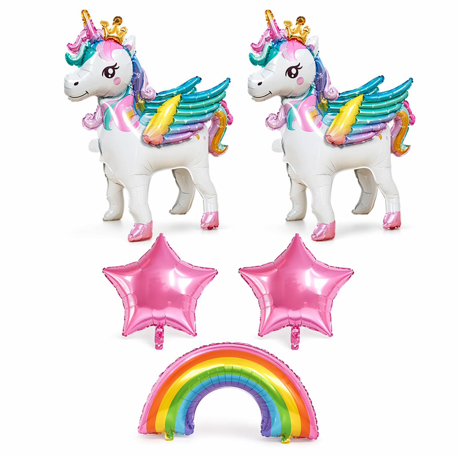 Unicorn Balloons, 5 Piece Set, Pearl Pink Star and Rainbow