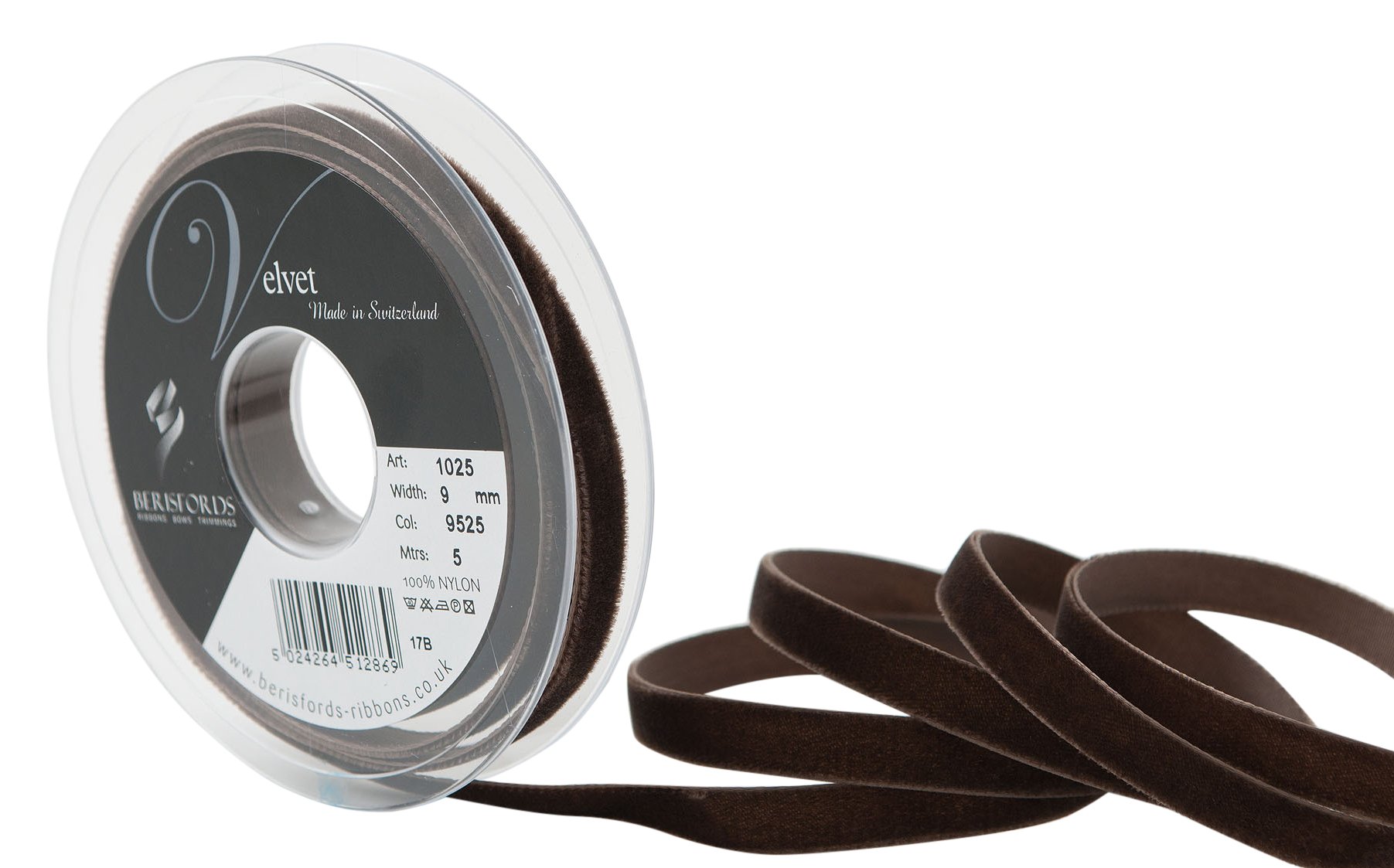 Berisfords Velvet Ribbon, Brown, 102 x 15 x 102 cm