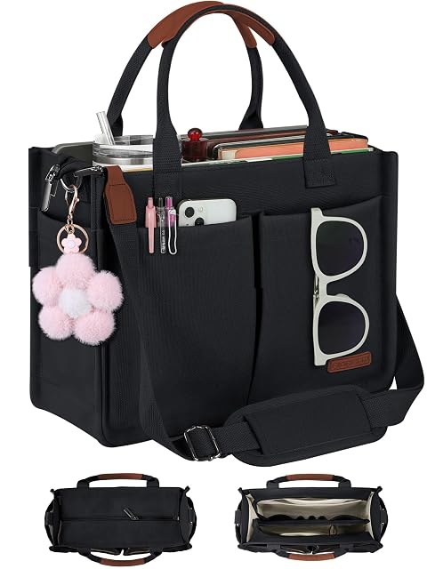 FIORETTO Womens Canvas Tote Bag Purse with Individual Compartment Zipper Top Reinforced Bottom Luggage Sleeve