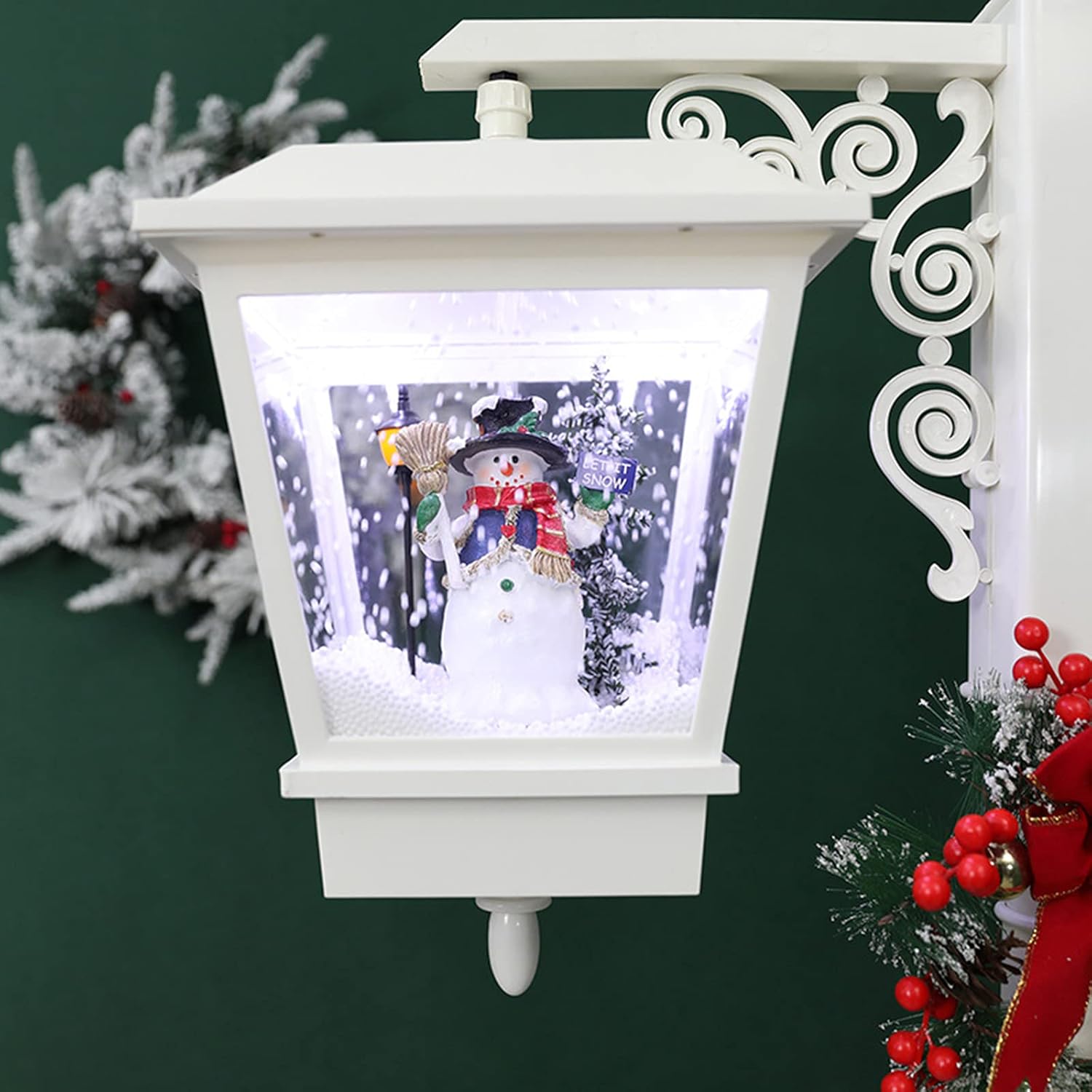 AIZYR 74" Double Christmas Street Lamp with Santa and Snowman Decoration, Christmas Snow Globe Lantern with LED Light, Music, White