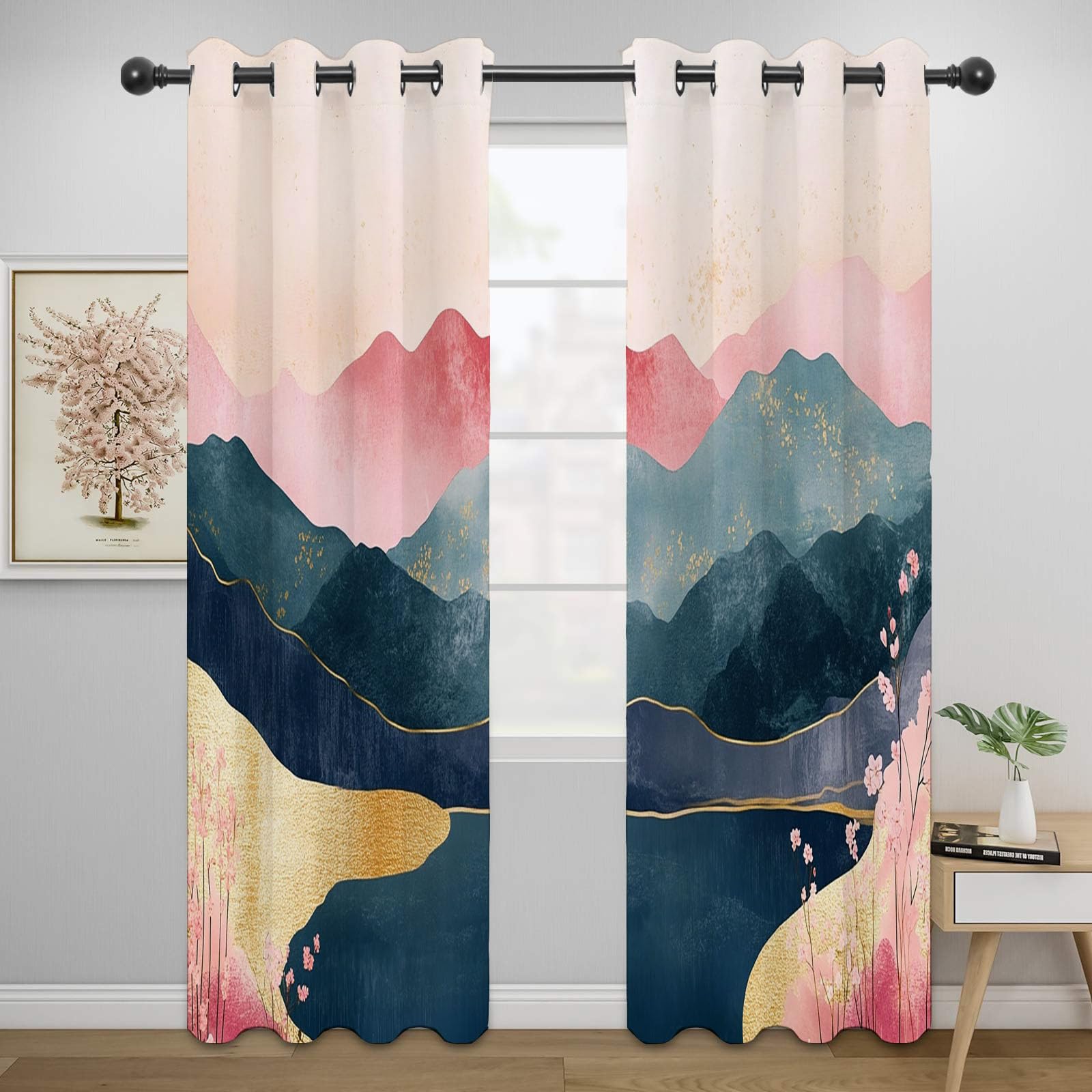 Vorhänge Blickdicht, Rosa Teal Goldfolie Berg Kirschblüten orientalisch Modern Abstrakt Vorhang für Wohnzimmer Schlafzimmer, Thermovorhang Kälteschutz Gardinen,-H240 x B140 cm (2er Pack)