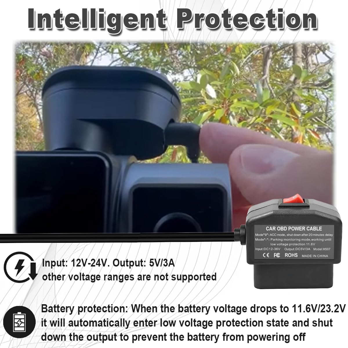 Cavo OBD A Type-C Per Dashcam - 12V-24V A 5V/3A, Con Pulsante ACC/monitoraggio 24h, Protezione Batteria