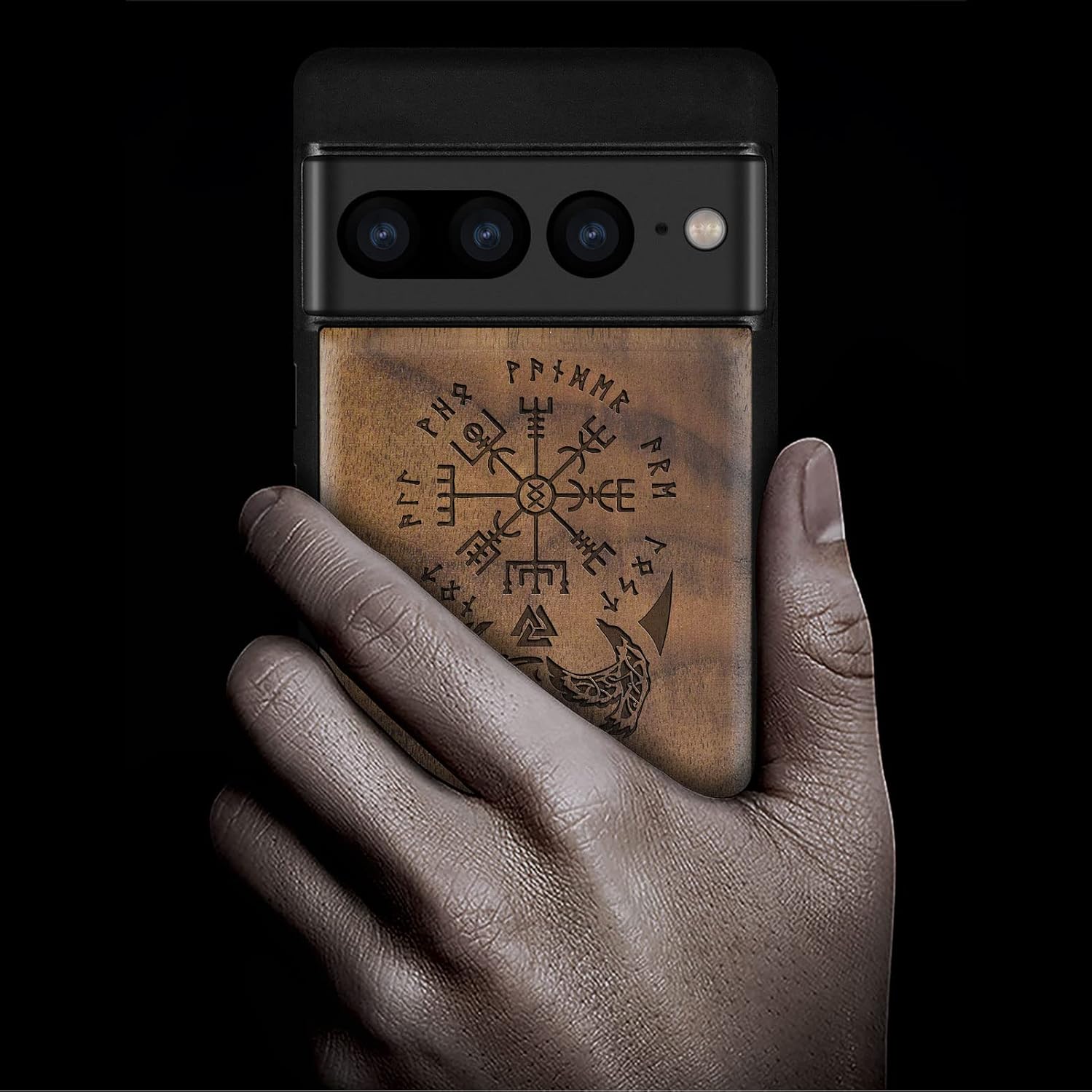 Carveit Wood Case for Pixel 7 Pro Case [Natural Wood & Black Soft TPU] Shockproof Protective Unique & Classy Wooden Cover Compatible with Google Pixel 7 Pro (Viking Vegvisir-Walnut)