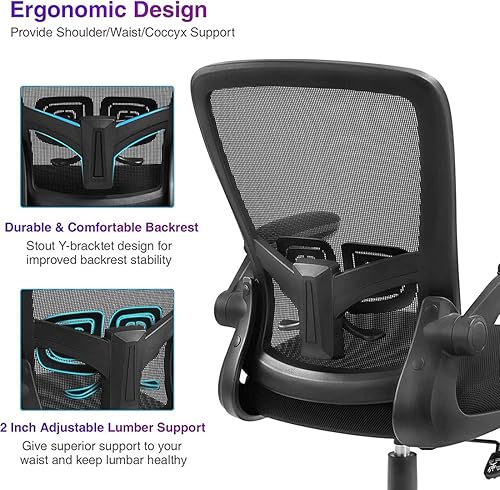 Miniatura 3 de Silla ergonómica de escritorio con altura ajustable, soporte lumbar, respaldo alto, silla ejecutiva de computadora con reposabrazos abatibles para