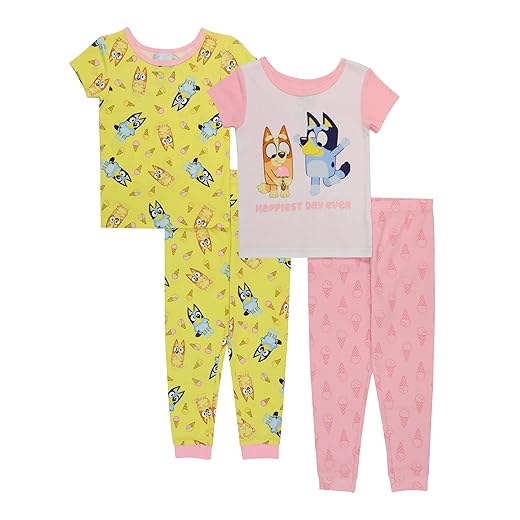 Bluey girls 4-piece Snug-fit Cotton Pajama Set, Soft & Cute for Kids