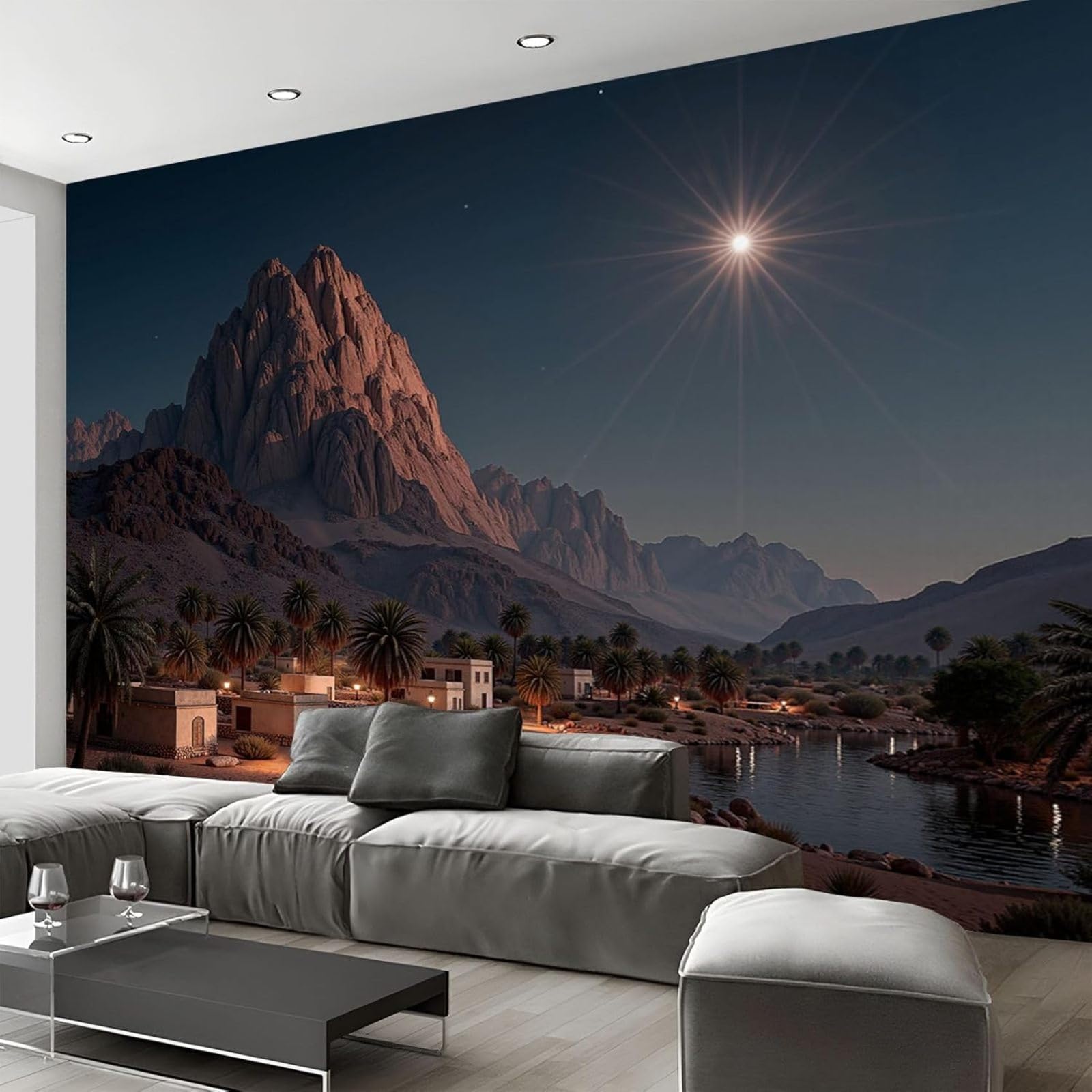 Non-woven photo wallpaper Oasis in the Desert 3D effect natural landscape for living room bedroom, dark blue non-woven wallpaper wall mural for wall decoration, 350cm x 256cm stickers - frameless pain