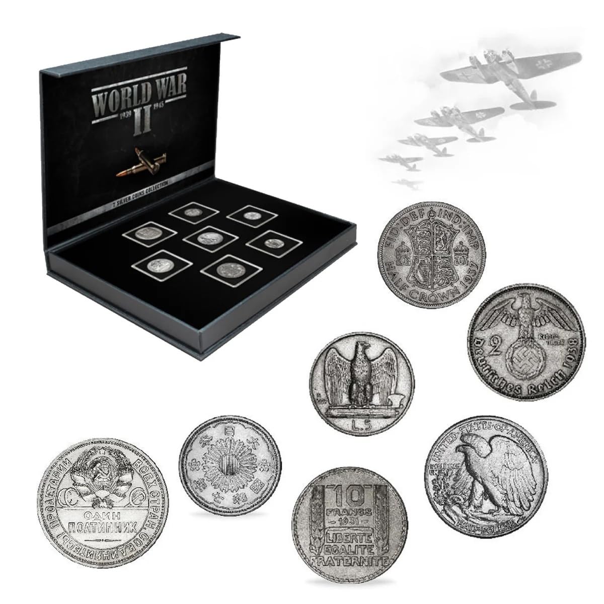 IMPACTO COLECCIONABLES | Collezione Esclusiva di 7 Monete della Seconda Guerra Mondiale (1939–1945) degli Alleati e dell’ASSE – Monete Autentiche e Antiche con Certificato di Autenticità