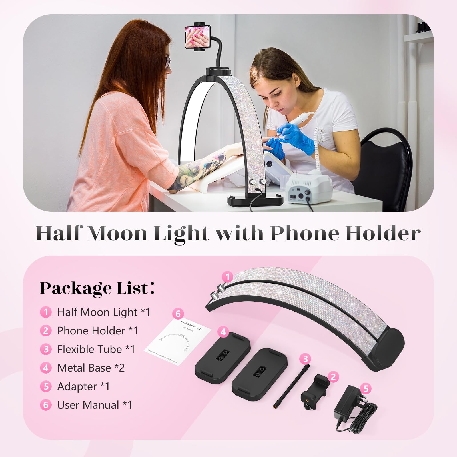 Half Moon Light for Nail Tech: 31 inch Lash LED Lamp with Phone Holder - 48W Foldable Arch Lights for Eyelash Tech - Manicure Handicraft Lighting for Spa,Salon: Black