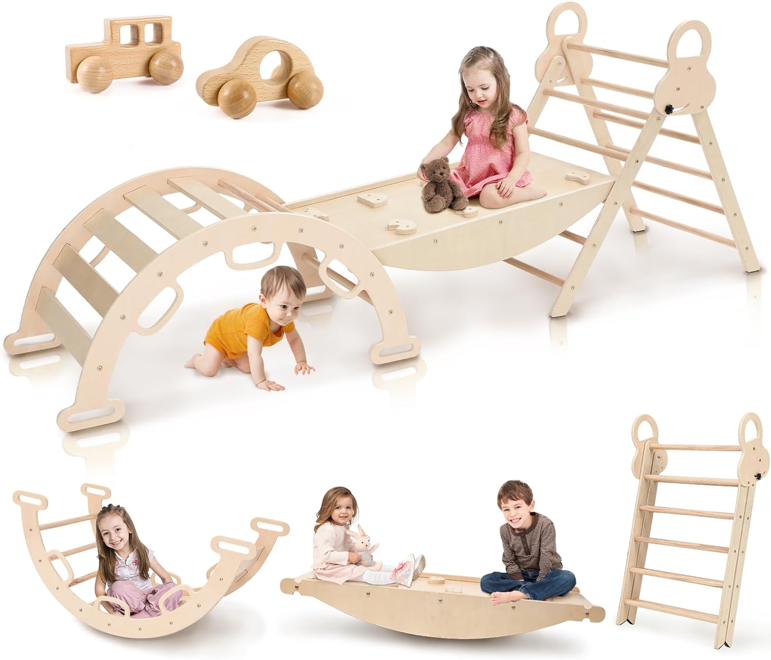 Pikler Triangle Set for Baby, Child 8 in 1 Montessori Extra Large, Climbing Toys for Toddlers 1-6 Inside with Arch, Ramp, and Foldable Climbing Triangle Indoor Playground, Wooden Toddler Climbing Toys