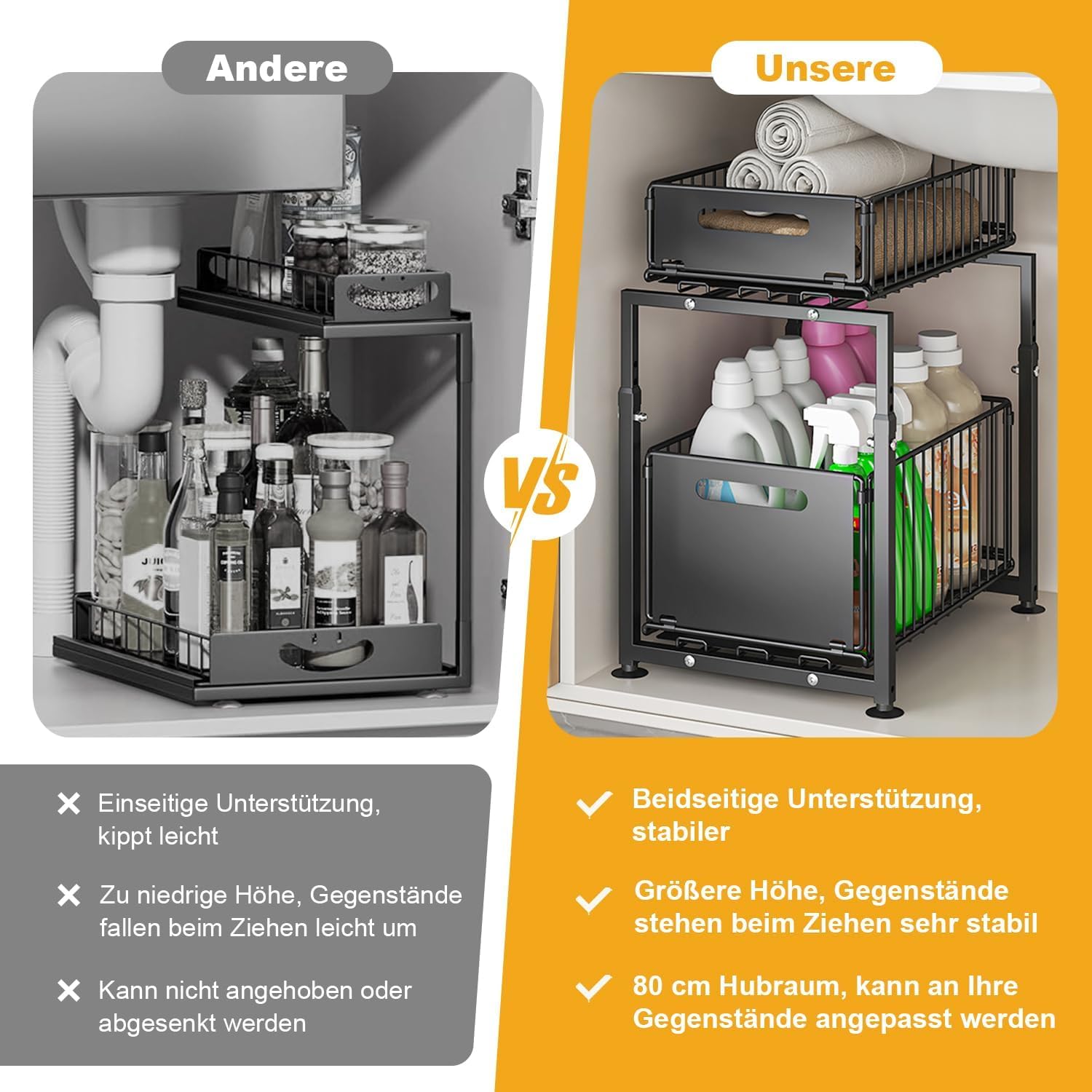 Rangement sous Évier en Métal à 2 Niveaux, Coulissant Organisateur Sous Evier, Organiseur Hauteur Réglable, Rangement Produits Menagers, Rangements Cuisine, pour Cuisine, Bureau, Bain