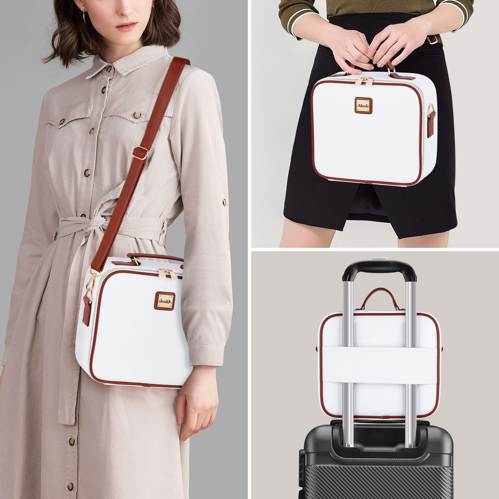 Aiborke Travel Makeup Bag with Led Mirror Make up Case with Lighted Mirror Cosmetic Organizer bag with Adjustable Dividers and 5X Magnifying Mirror Makeup Box Vanity Case for Women White+Brown - Image 4