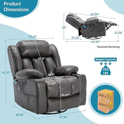 Miniatura 2 de Silla reclinable manual giratoria de 360 grados con masaje y calor, puertos USB, bolsillos laterales y portavasos (gris)