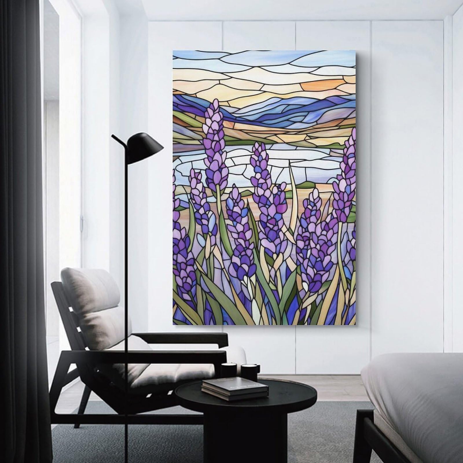 Junmoney Stained Glass Lavender Field Wall Art Print 08x12inch(20x30cm), for Hallway, Entryway Or Landing, A Neat Decor Update for Hallways, for Everyday Interiors