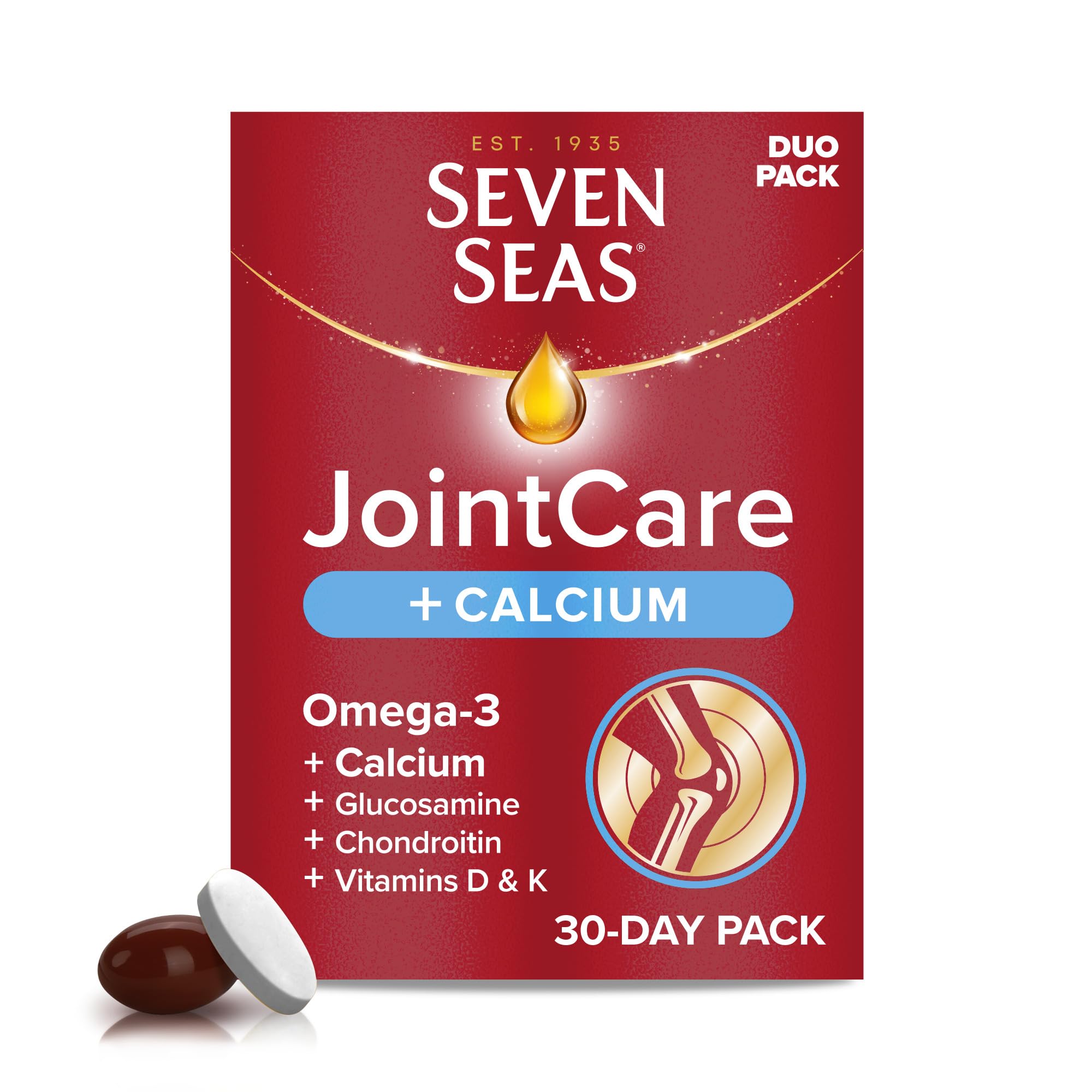 Seven Seas JointCare Plus Calcium, with Omega-3, Glucosamine, Chondroitin, Vitamins C, D and K, Manganese and Zinc, Food Supplements, 30-Day Pack