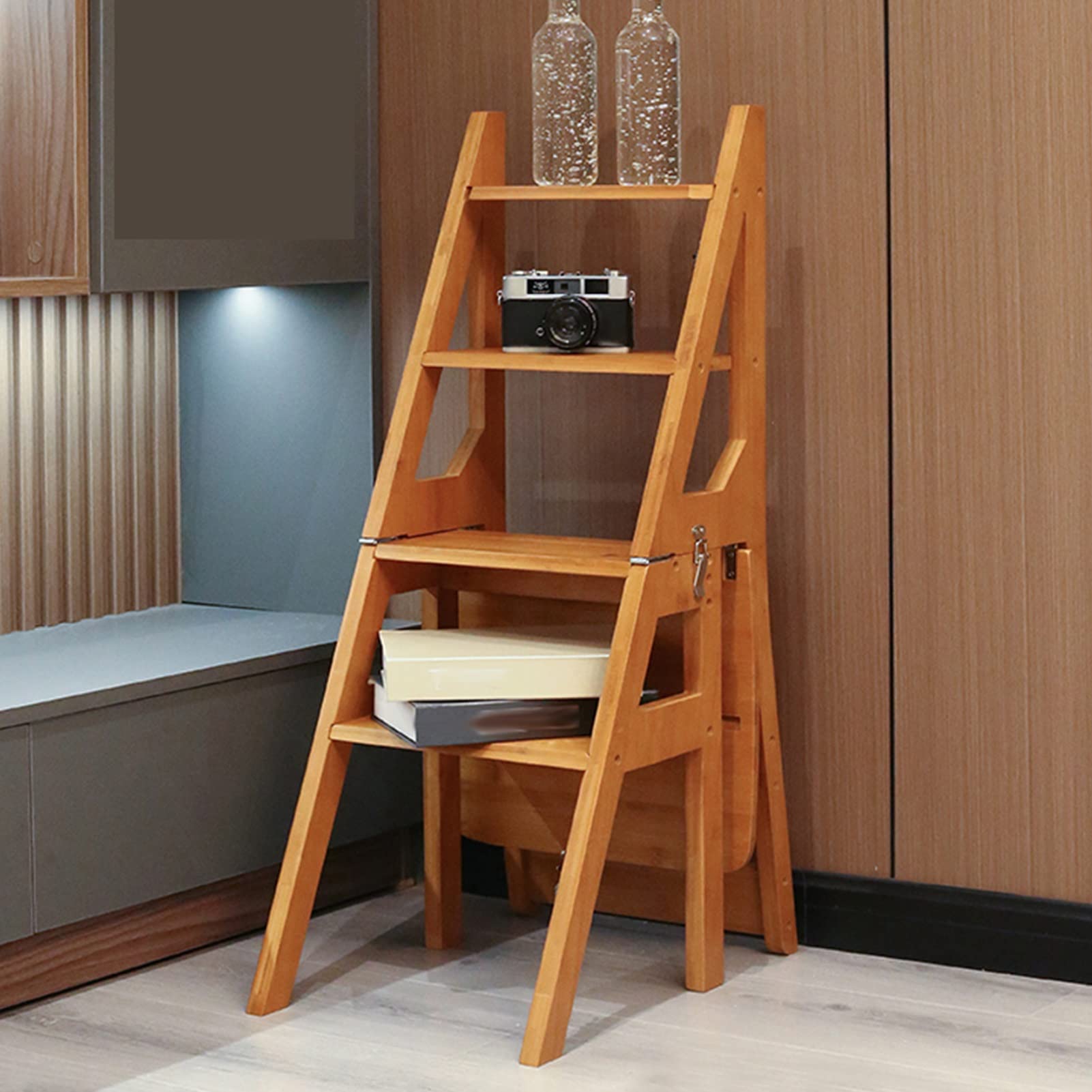 Taburete de madera escalera plegable para evitar caídas y organizar plantas en casa