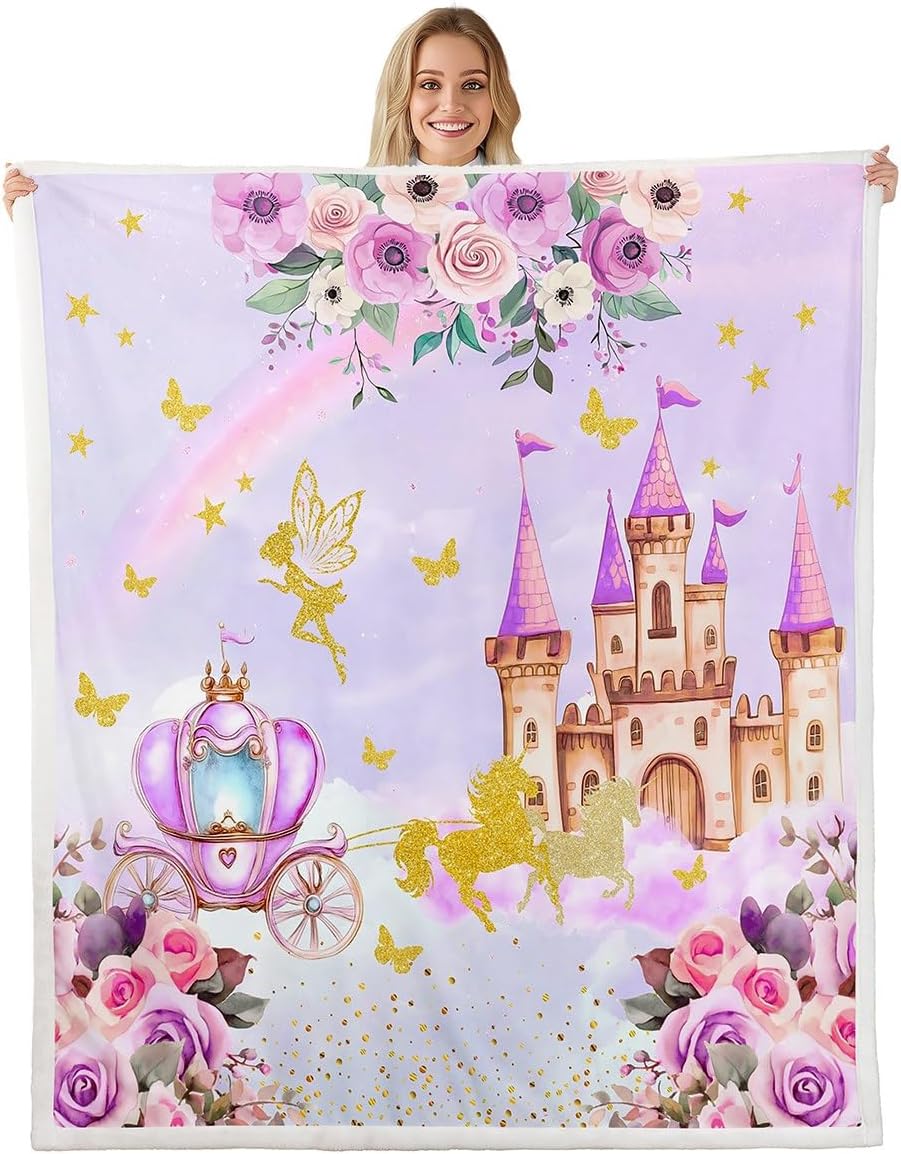 Erosebridal Purple Princess Throw Blanket for Girls Princess Carriage Castle Queen 90"X90" Fleece Bed Blanket Romantic Rose Fairy Sherpa Blanket Watercolor Pastel Girly Sweet Fuzzy Blanket