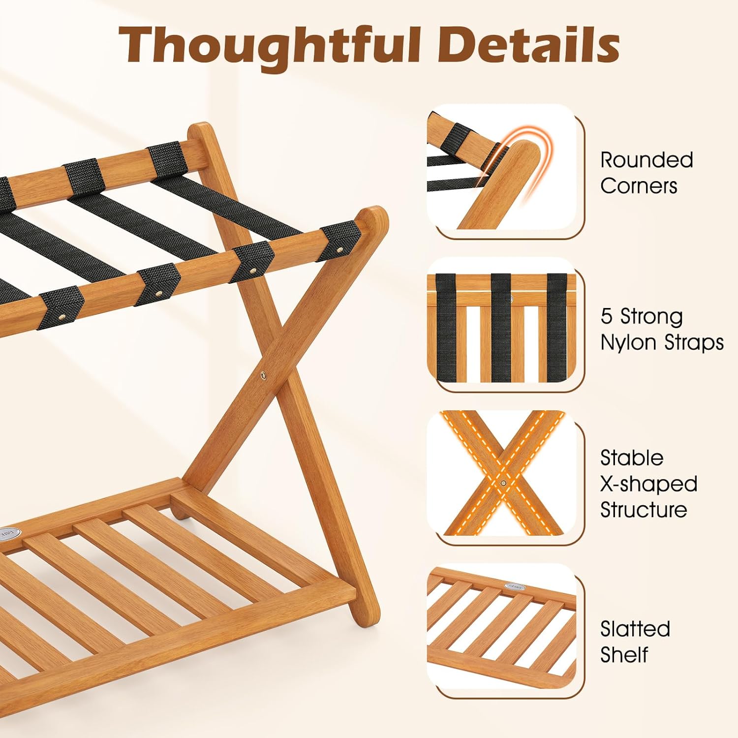 Folding Luggage Rack Set of 2, Acacia Wood Foldable Suitcase Stand with 5 Nylon Straps & Slatted Storage Shelf, Wooden Luggage Holder for Bedroom, Guest Room, Hotel, No Assembly Required