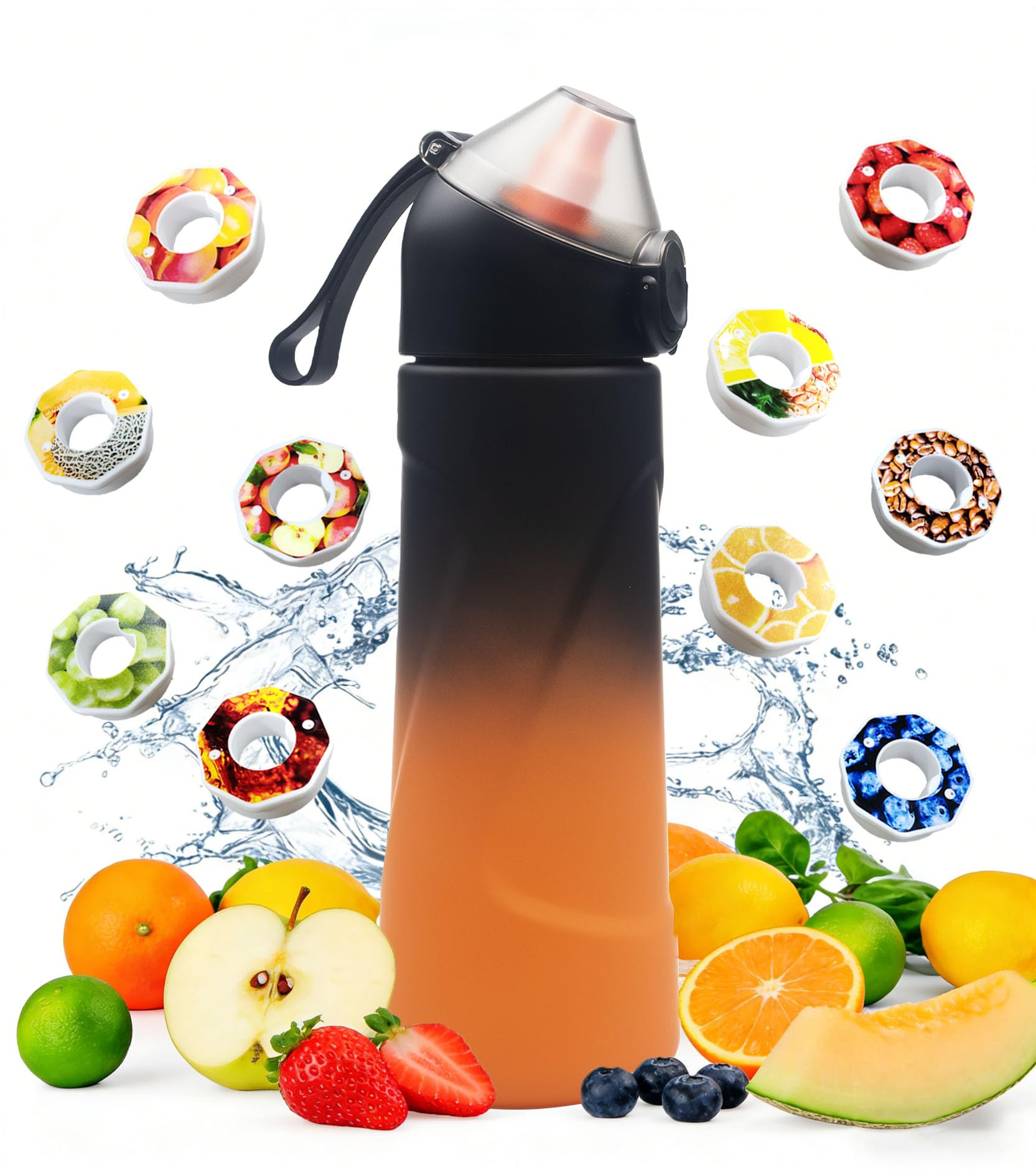 Air Scented Water Bottle with 10 Flavour Pods,700ml BPA Free Sport Starter Up Drinking Tritan Bottle,0 Sugar Calorie Flavoured Bottle for Cycling,Fitness,School,Hiking,Climbing(Black&Orange)