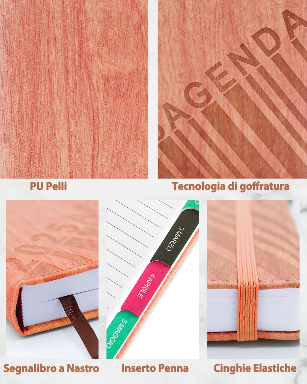 HW CASA Agenda Giornaliera 2025 Taccuino,Formato A5,200 Pagine Agenda Giornaliera,Copertina in Pelle PU Goffrata con Venature del Legno,Design a Pagina Singola ed Etichette Mensili Colorate,Rosa