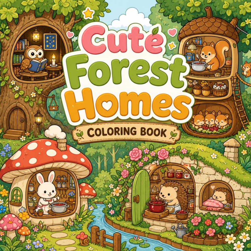 Cute Forest Homes Coloring Book for Adults and Teens: Cozy Woodland Animal Houses, Fantasy Cottage Scenes, Relaxing Cute Nature Coloring Pages