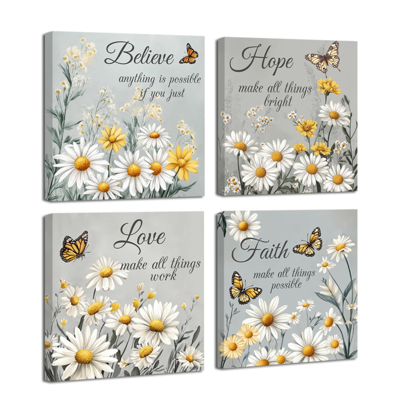 LZIMU 4 Pieces Inspirational Butterfly Wall Art Faith Hope Love Believe Picture Motivational Quotes Poster Prints Daisy Flower Painting for Office Decor (Grey, 24x24inchx4 Pieces)