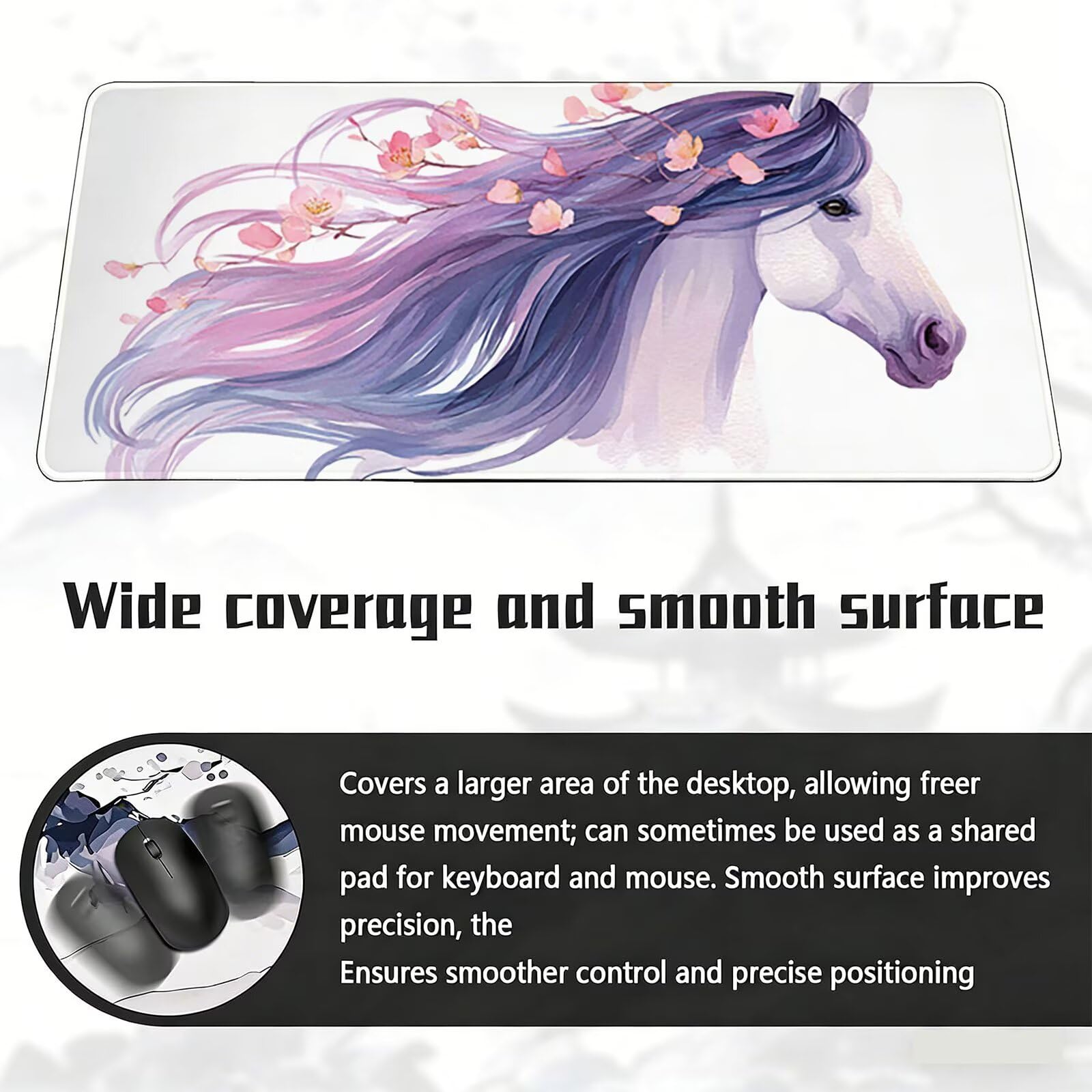 Tappetino Mouse XXL, 70x140cmx3mm Mouse Pad Impermeabile Grand, Gaming Tappetino Per Mouse, Base Antiscivolo in Gomma, Accessori Scrivania, Ufficio Accessori, Cavallo Bianco Capelli Lunghi JX6B-821