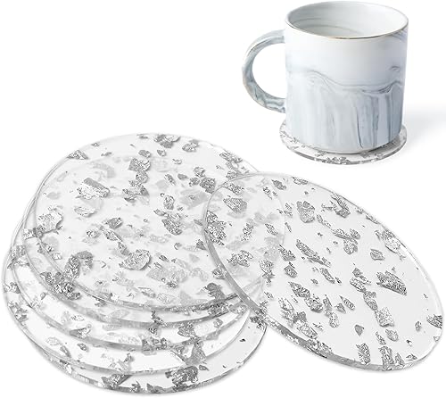 6 posavasos acrílicos de lámina dorada, posavasos estéticos acrílicos redondos transparentes con soporte, juego de posavasos acrílicos minimalistas